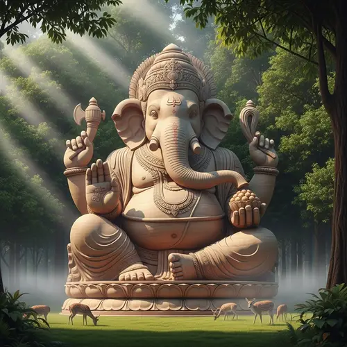 Majestic Ganesha Statue in Serene Forest | Hindu Deity Sculpture