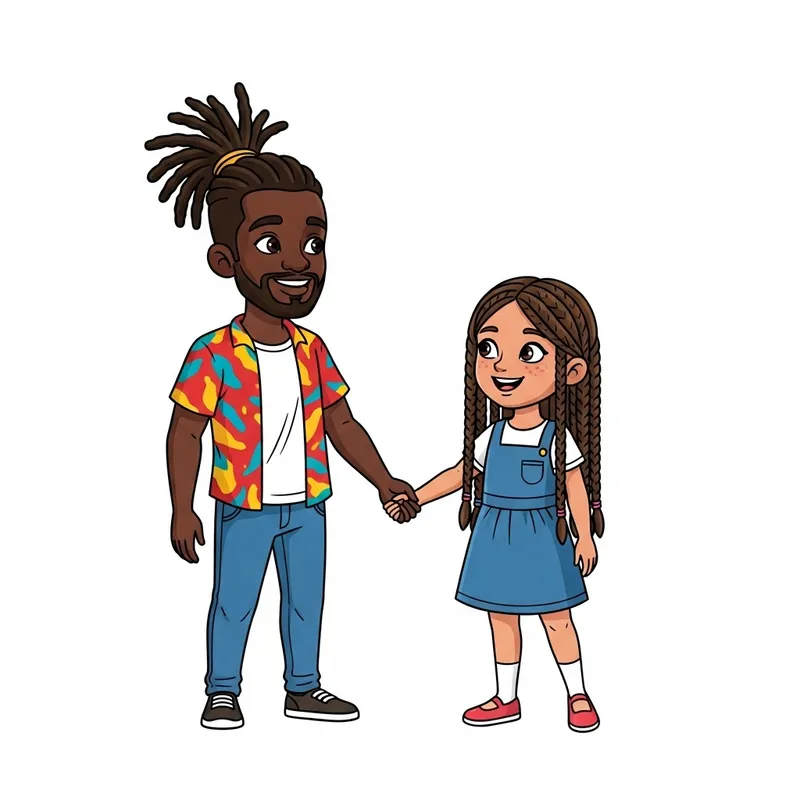 Unity and Friendship: Cartoon Characters with Dreadlocks and Braids Holding Hands