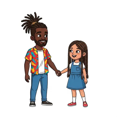 Cartoon Man with Dreadlocks and Girl with Braids Holding Hands