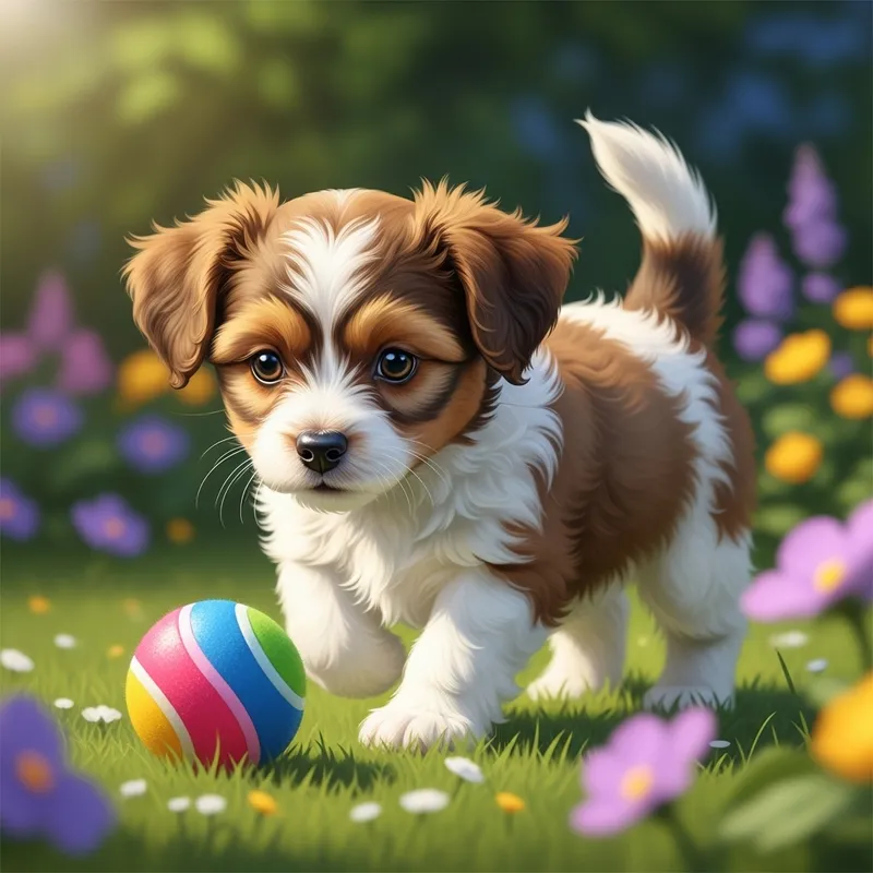 Adorable and Energetic Puppy in a Blooming Garden