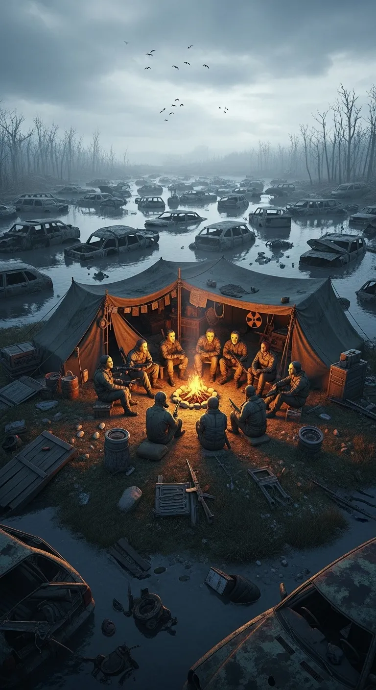 Nomad Camp Amidst Post-Apocalyptic Swamp | Camaraderie & Chaos
