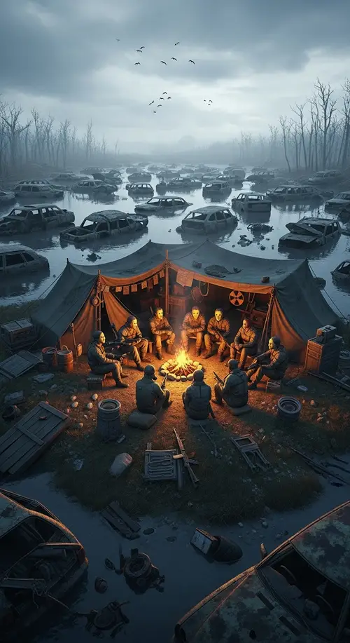 Cheerful Nomad Camp in Ruined Area | STALKER Genre | Dystopian Landscape