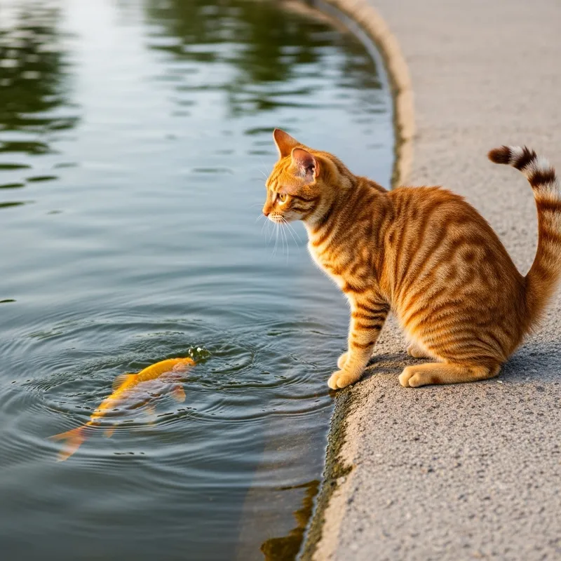 Tabby Cat Watching Golden Fish by Tranquil Pond