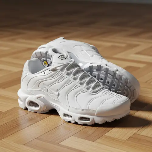 White Nike TN Sneakers on Polished Parquet Floor | Still Life Photography