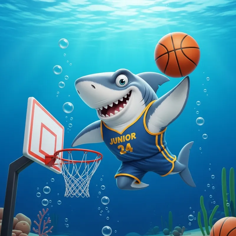 Playful Shark in Junior Team Jersey Slam Dunking Basketball Underwater
