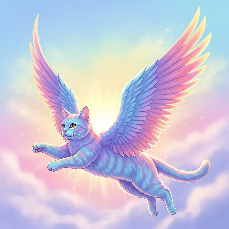 Whimsical Cat with Majestic Wings in Fantasy Flight | Pastel Illustration