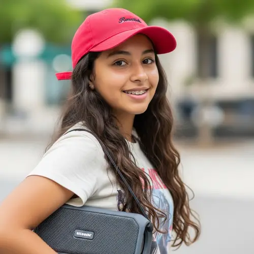 Teenage Girl with Red Cap and Speaker