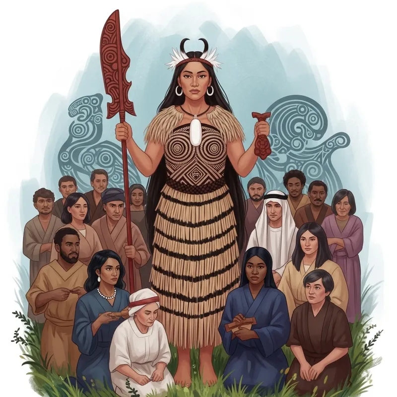 Maori Goddess of Humankind: Vibrant Depiction with Diverse Villagers