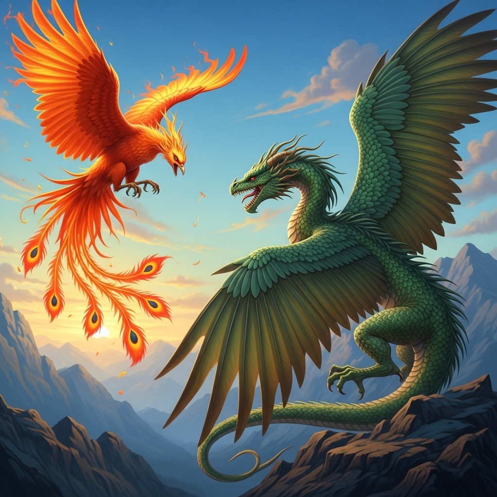 Fiery Phoenix and Emerald Dragon Encounter | AI Art Generator