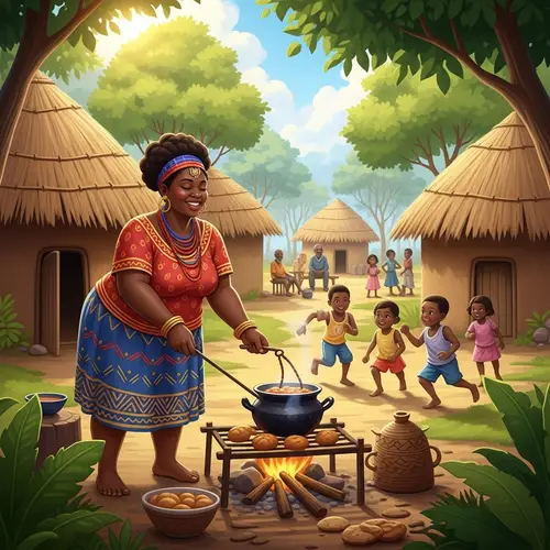 Traditional African Woman Cooking in Rural Setting