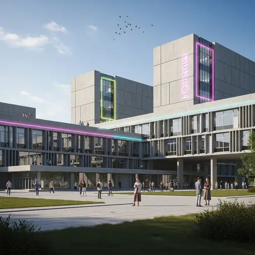 Futuristic Soviet Style School with Neon Lights, Palmela Library Style