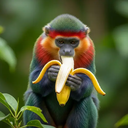 Colorful Monkey Enjoying Ripe Banana in Tropical Rainforest