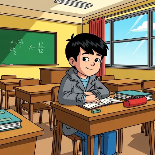 Cartoon Drawing of 8-Year-Old Boy in Classroom