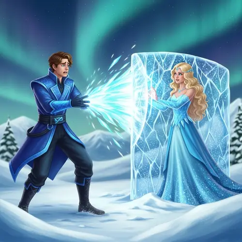 Icy Powers Clash: Male and Female Characters in Snowy Scene