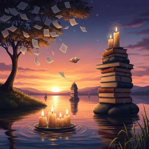 Surreal Sunset Scene at Tranquil Lake with Floating Candles and Book Stacks