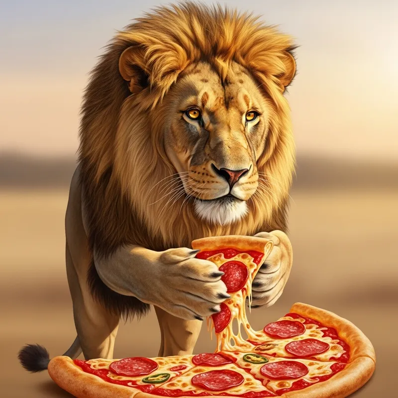 Curious Lion Interacting with Pizza in Natural Habitat Curious Lion Interacting with Pizza in Natural Habitat