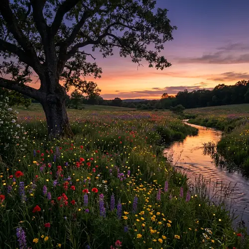 Enchanted Twilight Meadow with Fireflies & Nature's Beauty