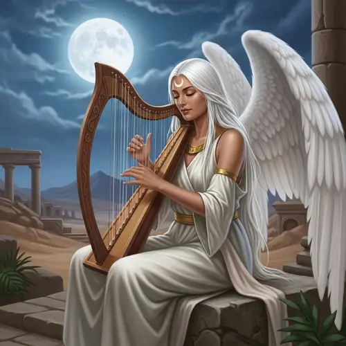 Serenity: South Asian Woman Playing Harp with Crescent Moon Symbol