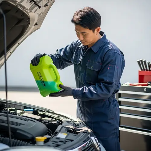 Professional Asian Mechanic Pouring Antifreeze in Car Engine