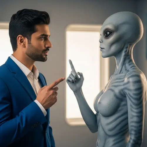 Man in Blue Suit Dialogue with Human-Like Alien