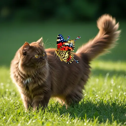 Vibrant Butterfly and Beautiful Persian Cat in Enchanting Garden