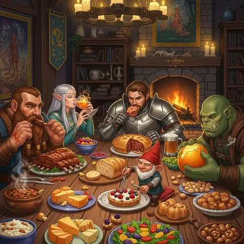 Fantasy Game Characters Enjoying Colorful Meals Together