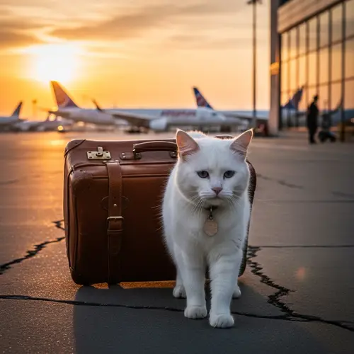 Lonely White Cat Carrying Luggage in Unknown Land