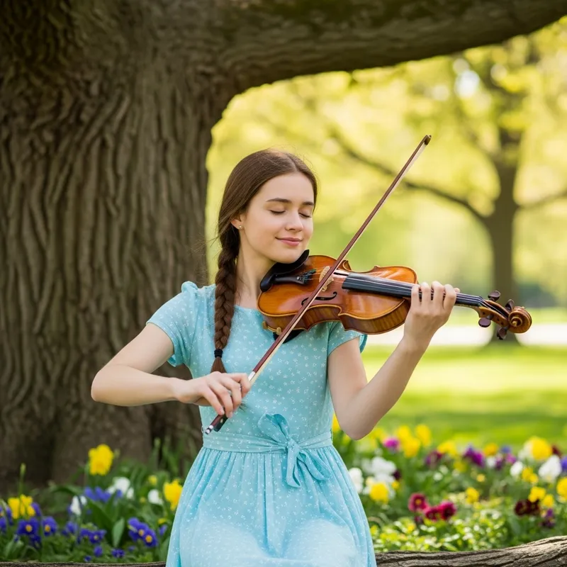 Happy Girl Playing Violin Outdoors | Talented Musician
