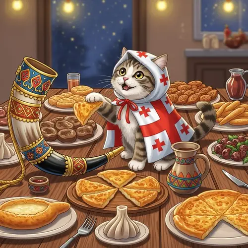 Georgian Flag Cat Celebrating New Year's Eve | Joyful Feast Scene