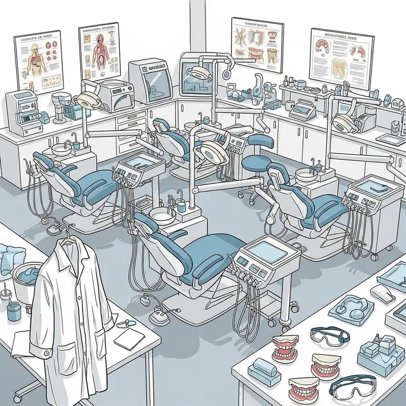 Dental Laboratory Equipment Sketch: Chairs, Tools & Hygiene Posters