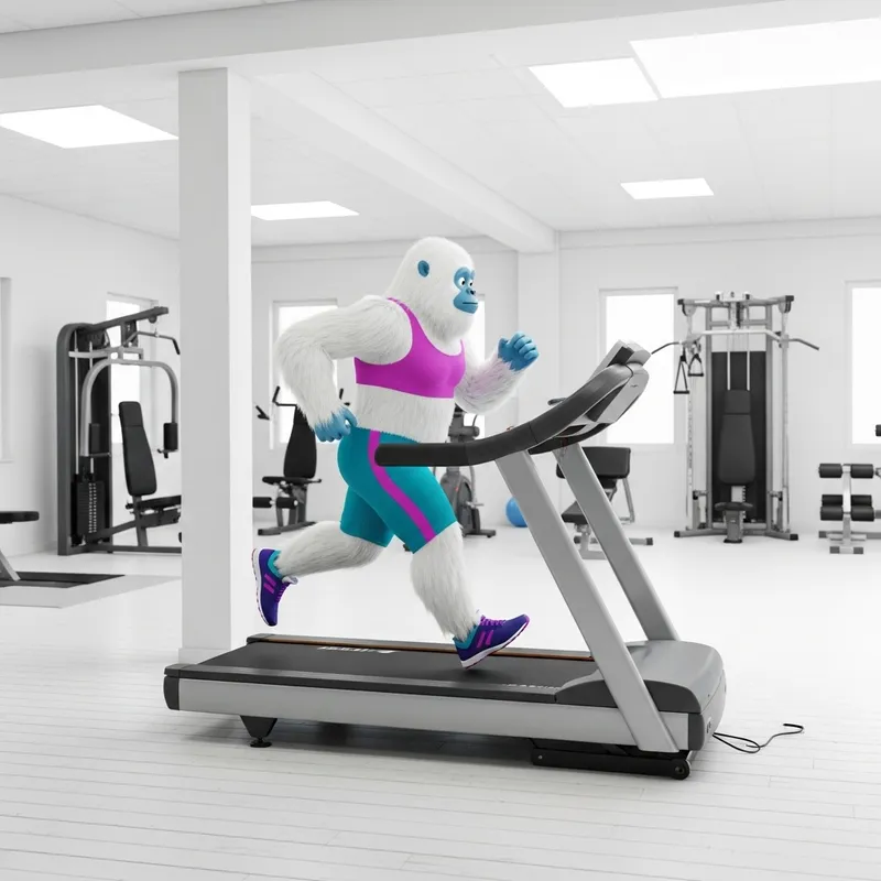 Whimsical Yeti Running on Treadmill in Gym | Unique Fitness Scene Whimsical Yeti Running on Treadmill in Gym | Unique Fitness Scene