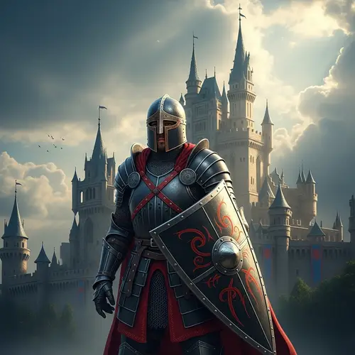 Medieval Black and Red Knight vs Castle | Gallant Warrior Image