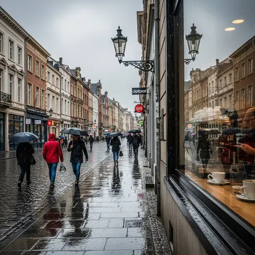 Serene Rainy Day Cityscape with People in Raincoats and Umbrellas