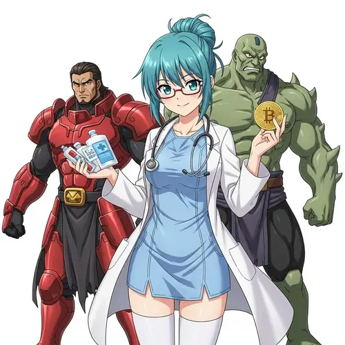 Anime Style Young Doctor with Blue Hair, Bitcoin & Strong Male Characters
