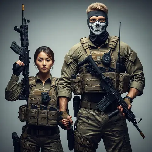 Military Couple in Combat Gear - Caucasian Man and Asian Woman