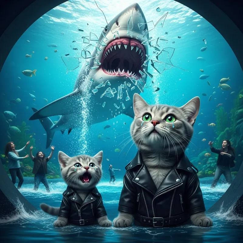 Realistic Grey Tomcat and Kitten in Aquarium disaster