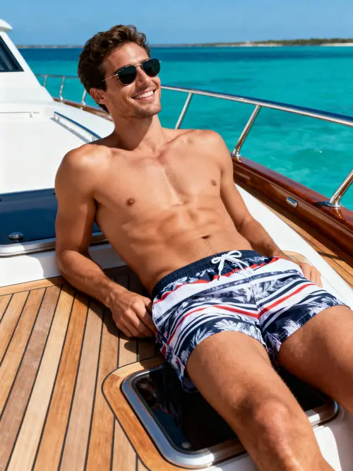 Super Model in Swim Shorts on a Yacht