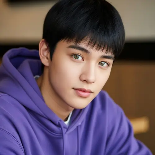 Asian 19-Year-Old Male with Striking Green Eyes in Purple Hoodie