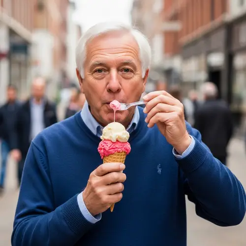 Mature Politician Enjoying Double Scoop Ice Cream on City Street