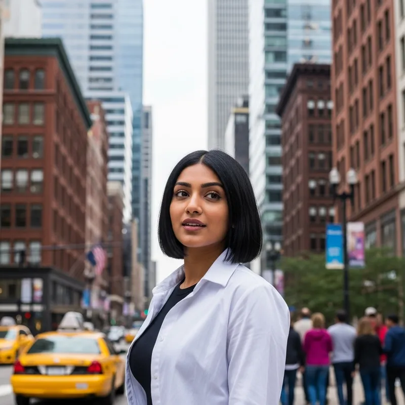Stylish Chicago Street Portrait of Woman with Square Hairstyle Stylish Chicago Street Portrait of Woman with Square Hairstyle