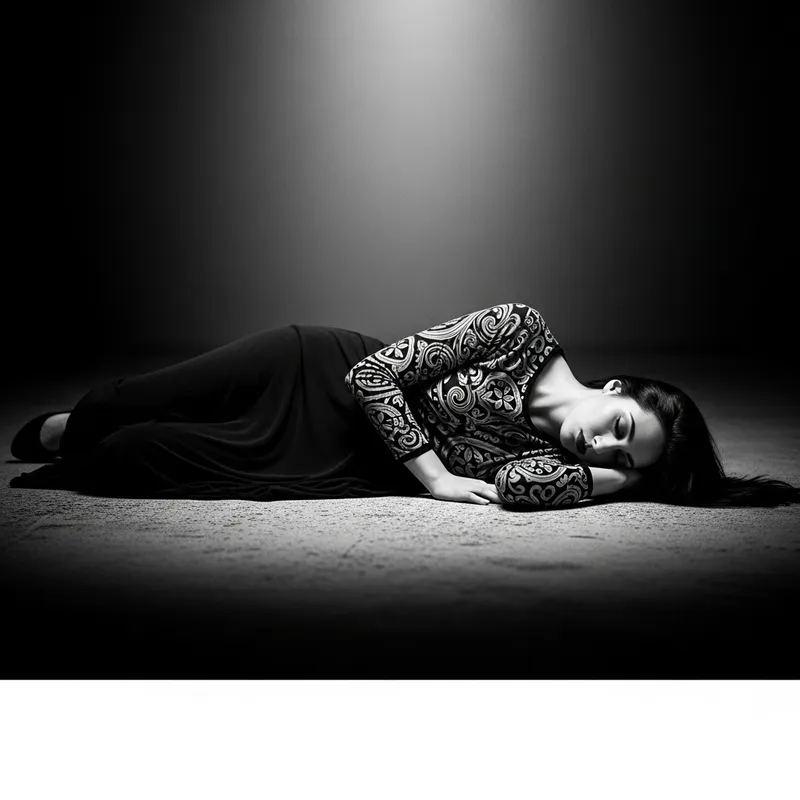 Haunting Crime Noir: Woman with Long Black Hair in Dramatic Lighting