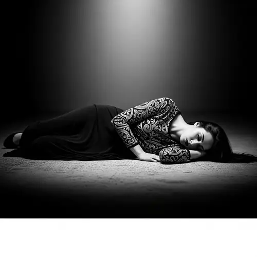 Tragic Film Noir Scene: Woman with Long Black Hair Lying Motionless