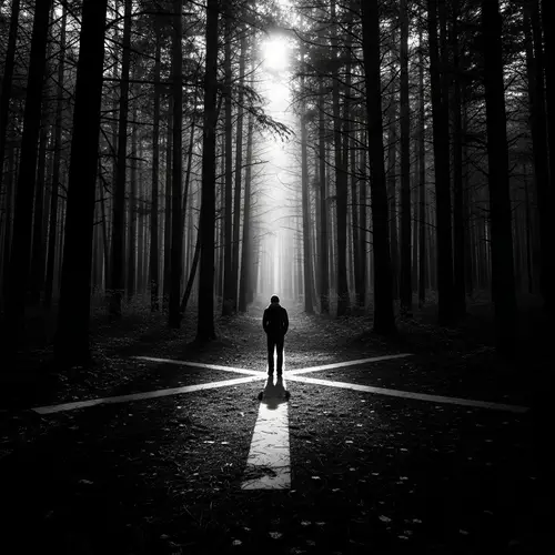 Mysterious Man at Crossroads: Enigmatic Choices in Chiaroscuro Forest