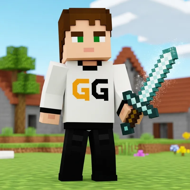 Blocky Pixelated Character with GG Sweatshirt and Diamond Sword