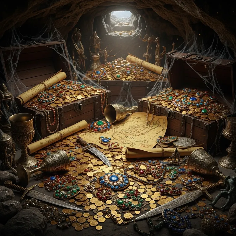 Mysterious Ancient Treasure in Hidden Cave: Gold Coins, Precious Jewels & Lost Treasures