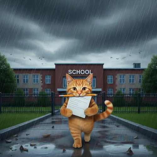 Resilient Cat Heading to School in Rainy Weather