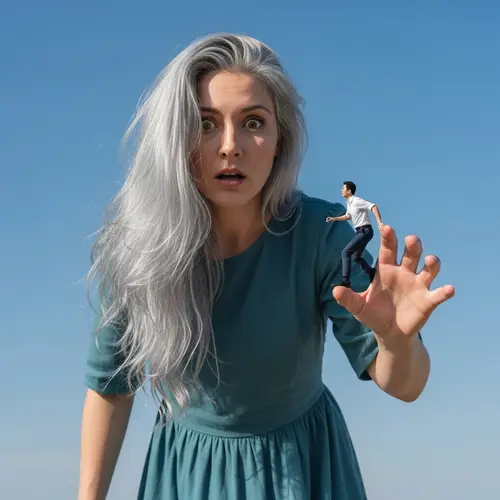 Colossal Woman and Tiny Climbing Figure - Surreal Afternoon Scene