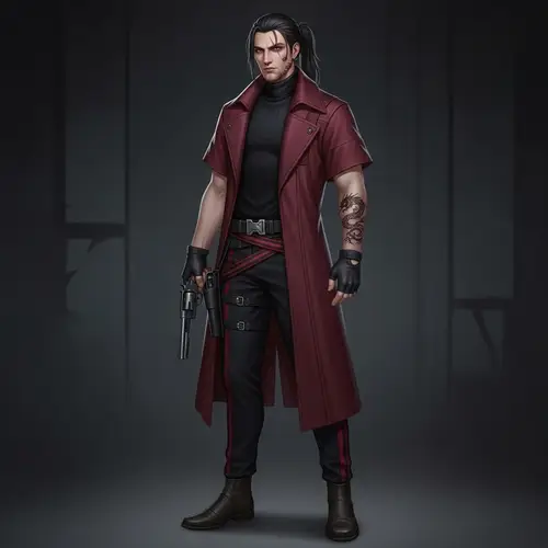 Mysterious Caucasian Man in Burgundy Coat | Black Revolver