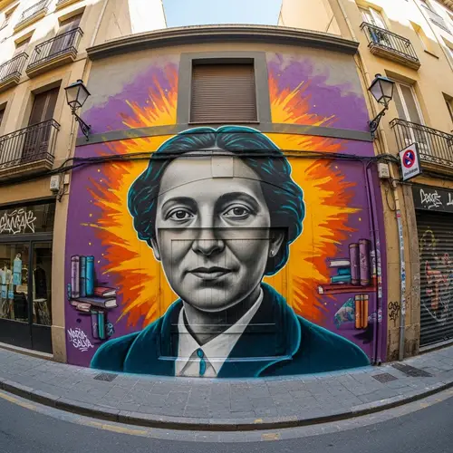 Vibrant Graffiti Portrait of Maria Antònia Salvà in Urban Art Mural