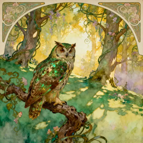 Enchanting Art Nouveau Forest Scene with an Ancient Owl